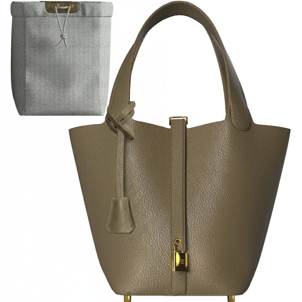 Leather Bucket Bag with Drawstring Pouch – Leather Satchel, Everyday Handbag with Mini Lock Design - Che Cose Belle