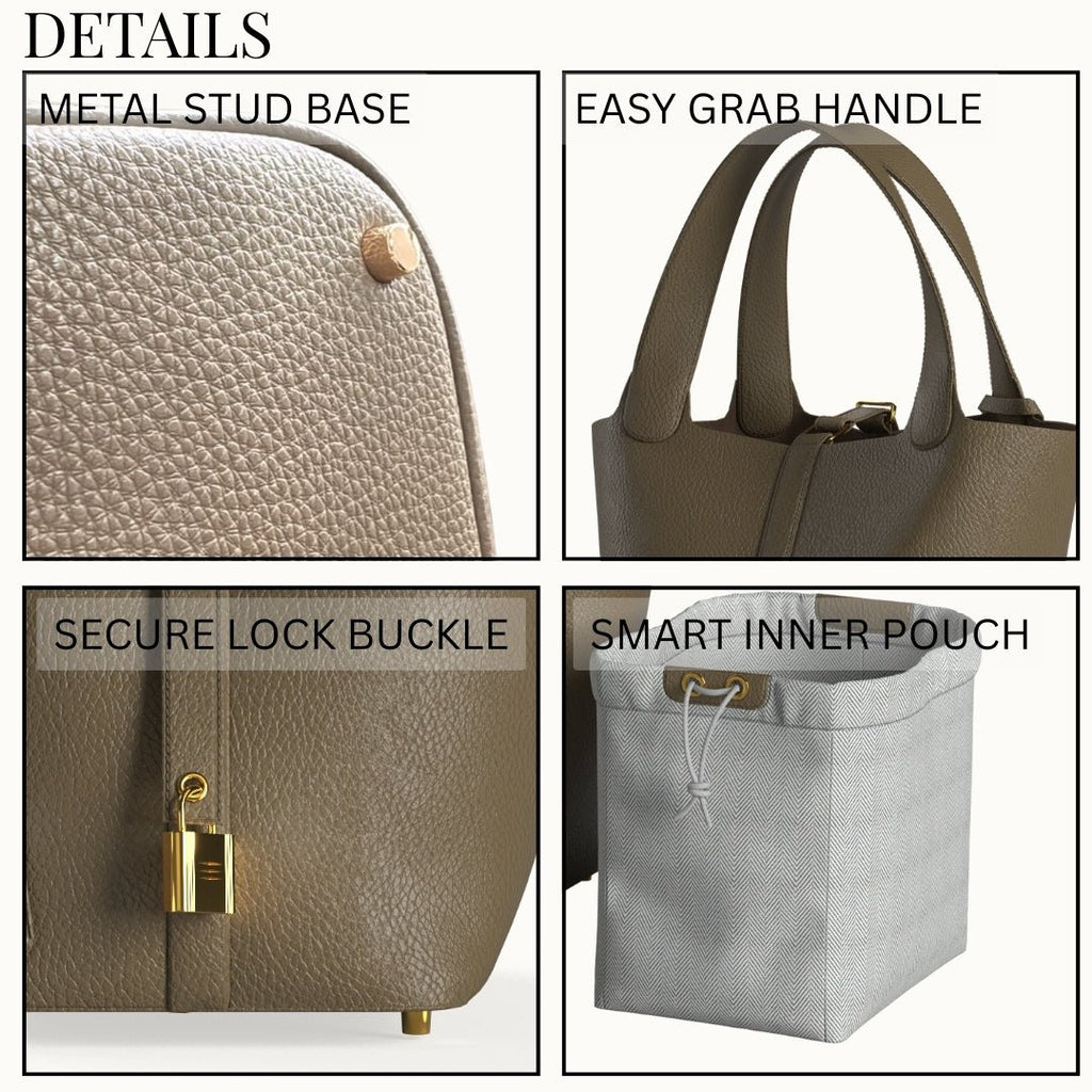 Leather Bucket Bag with Drawstring Pouch – Leather Satchel, Everyday Handbag with Mini Lock Design - Che Cose Belle