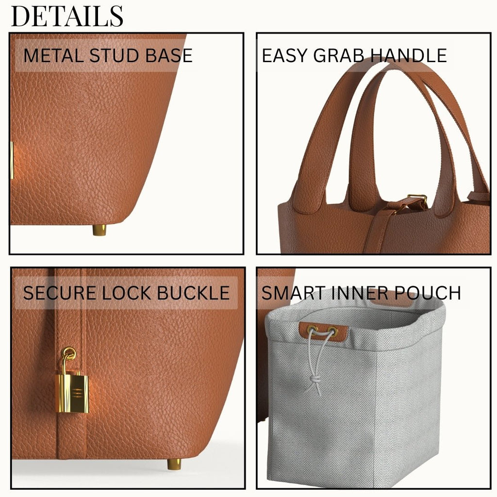 Leather Bucket Bag with Drawstring Pouch – Leather Satchel, Everyday Handbag with Mini Lock Design - Che Cose Belle