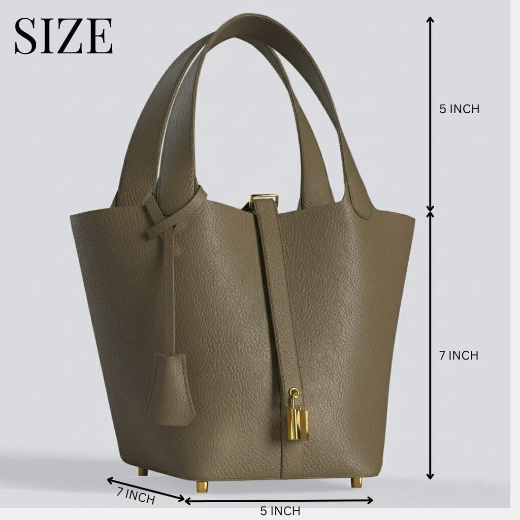 Leather Bucket Bag with Drawstring Pouch – Leather Satchel, Everyday Handbag with Mini Lock Design - Che Cose Belle