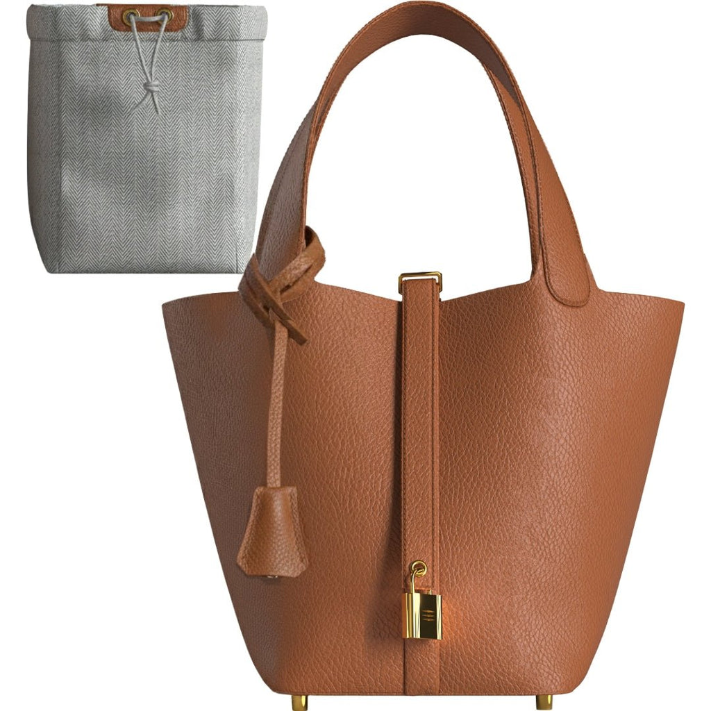 Leather Bucket Bag with Drawstring Pouch – Leather Satchel, Everyday Handbag with Mini Lock Design - Che Cose Belle