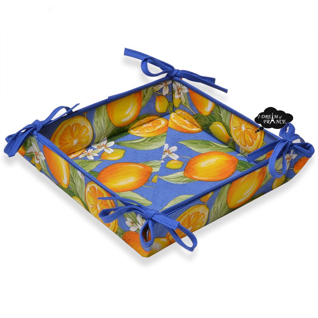 Lemons Blue Cotton Coated Bread Basket by Tissus Toselli - Che Cose Belle