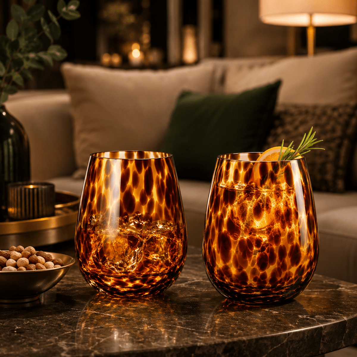 Leopard Print Amber Colored Stemless Wine Glass |  Set of 2 - Che Cose Belle