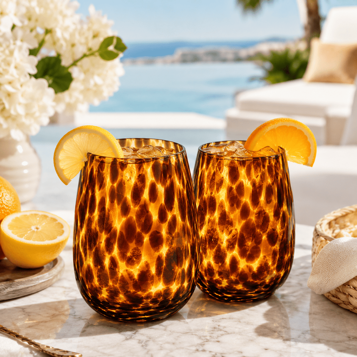 Leopard Print Amber Colored Stemless Wine Glass |  Set of 2 - Che Cose Belle