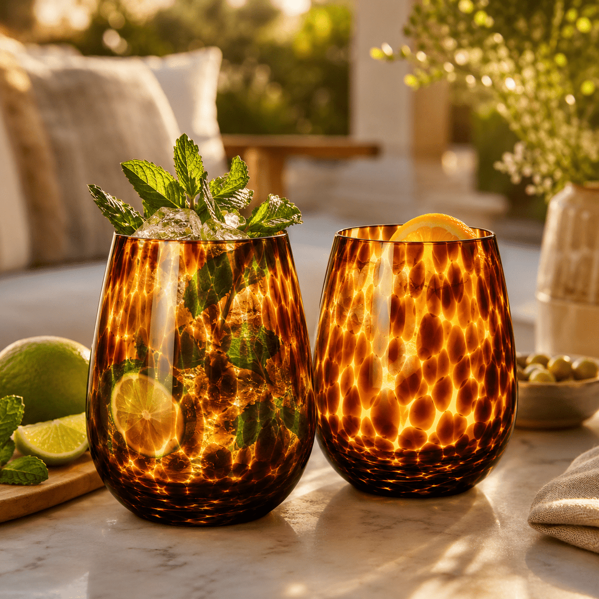 Leopard Print Amber Colored Stemless Wine Glass |  Set of 2 - Che Cose Belle