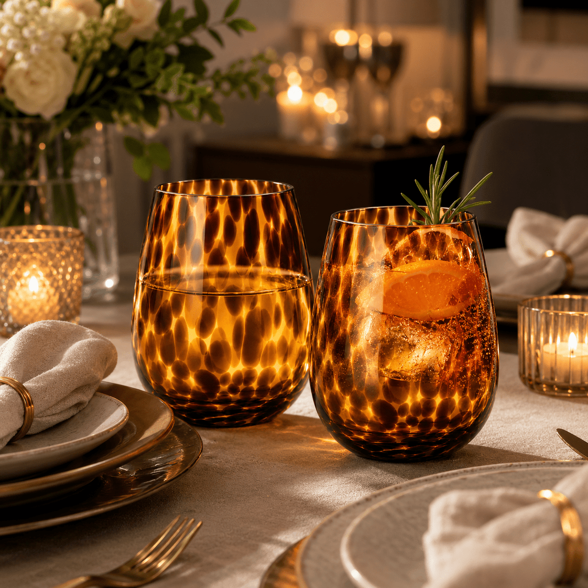 Leopard Print Amber Colored Stemless Wine Glass |  Set of 2 - Che Cose Belle