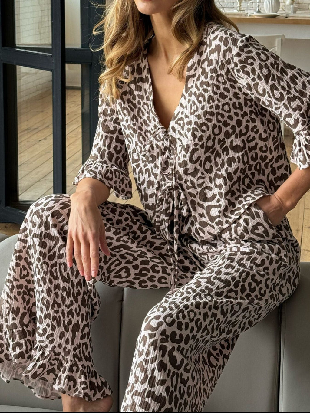 Leopard Print Ruffle Trim and Pants Lounge Set - Che Cose Belle
