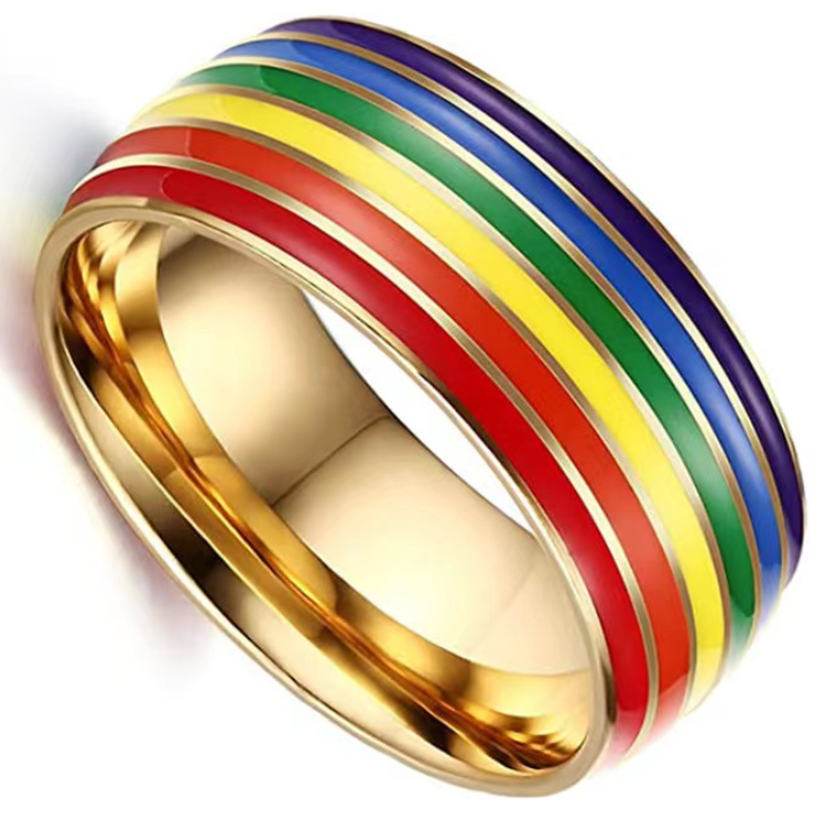LGBTQ+ Pride Rainbow Stripe Stainless Steel Band Ring – For Every Identity | Gold, Silver & Black Enamel | Pride Jewelry Gift - Che Cose Belle
