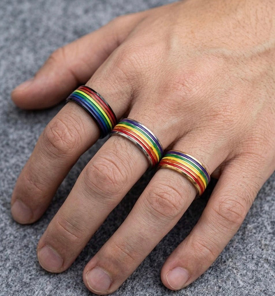 LGBTQ+ Pride Rainbow Stripe Stainless Steel Band Ring – For Every Identity | Gold, Silver & Black Enamel | Pride Jewelry Gift - Che Cose Belle