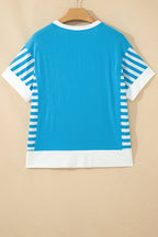 Light Blue Flag Print Patchwork Colorblock July 4th T Shirt - Che Cose Belle