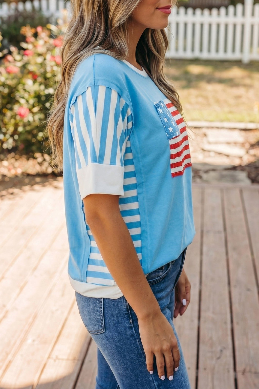 Light Blue Flag Print Patchwork Colorblock July 4th T Shirt - Che Cose Belle