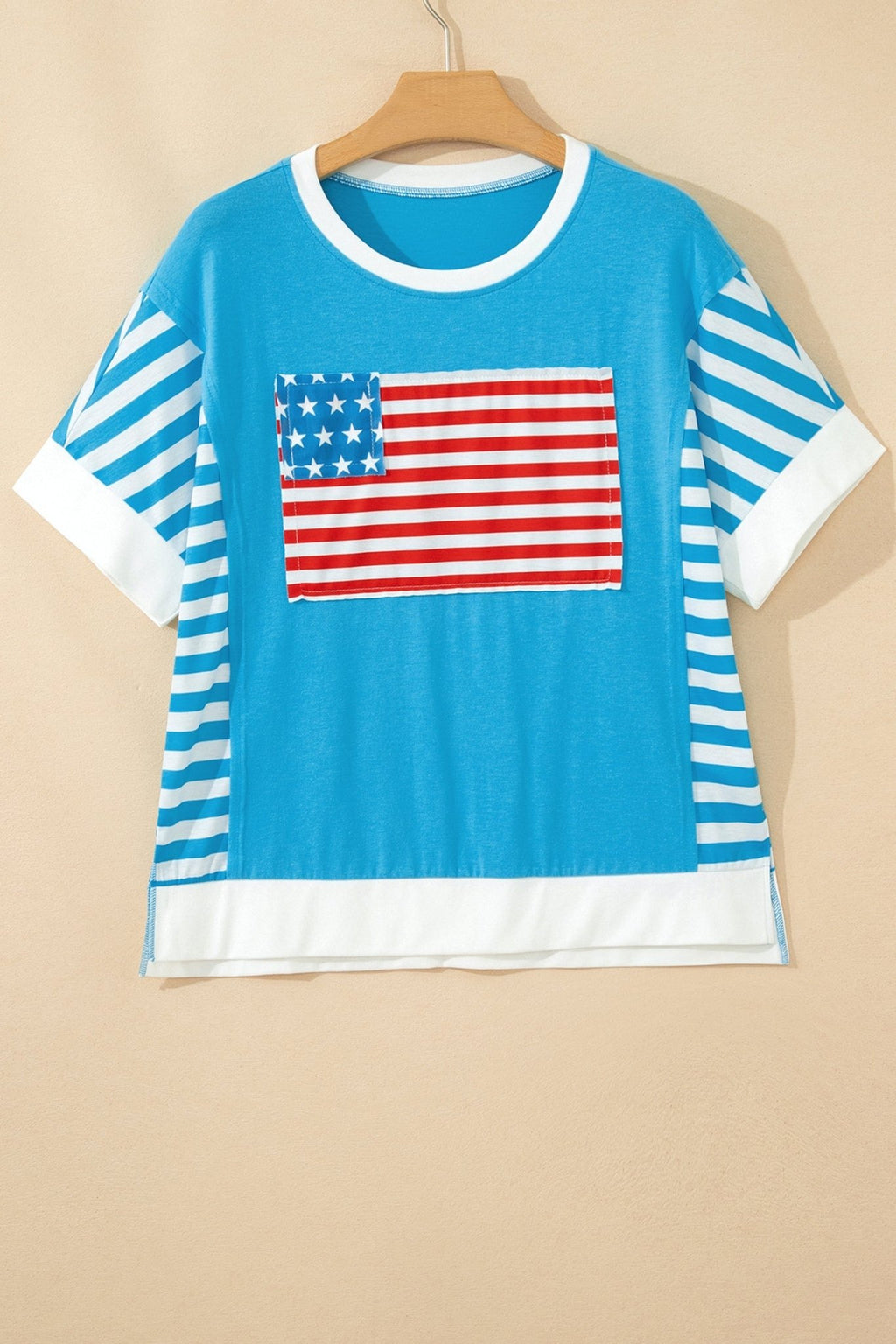 Light Blue Flag Print Patchwork Colorblock July 4th T Shirt - Che Cose Belle