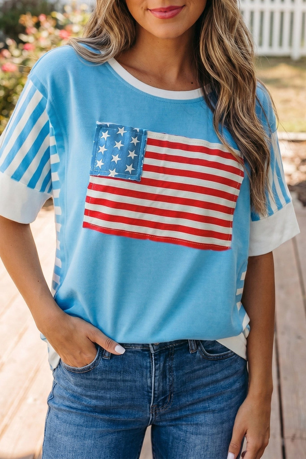 Light Blue Flag Print Patchwork Colorblock July 4th T Shirt - Che Cose Belle