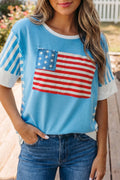 Light Blue Flag Print Patchwork Colorblock July 4th T Shirt - Che Cose Belle