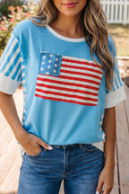 Light Blue Flag Print Patchwork Colorblock July 4th T Shirt - Che Cose Belle