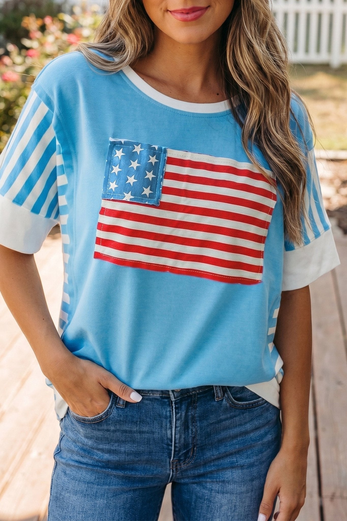 Light Blue Flag Print Patchwork Colorblock July 4th T Shirt - Che Cose Belle