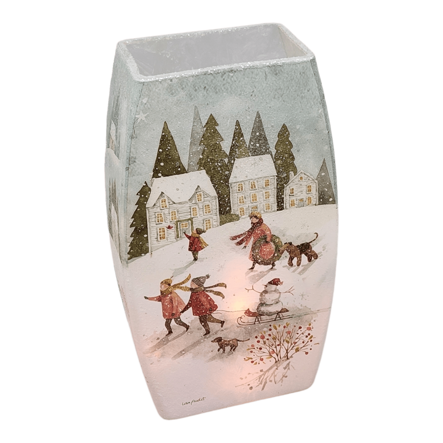 Lighted Glass Vase - Magical Winterland - Three Houses - 7¾ Inches tall - Che Cose Belle