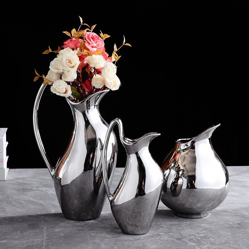 Living Room Home Silver Pot-shaped Ceramic Vase Flower Model Room Ornament Soft Decoration - Che Cose Belle