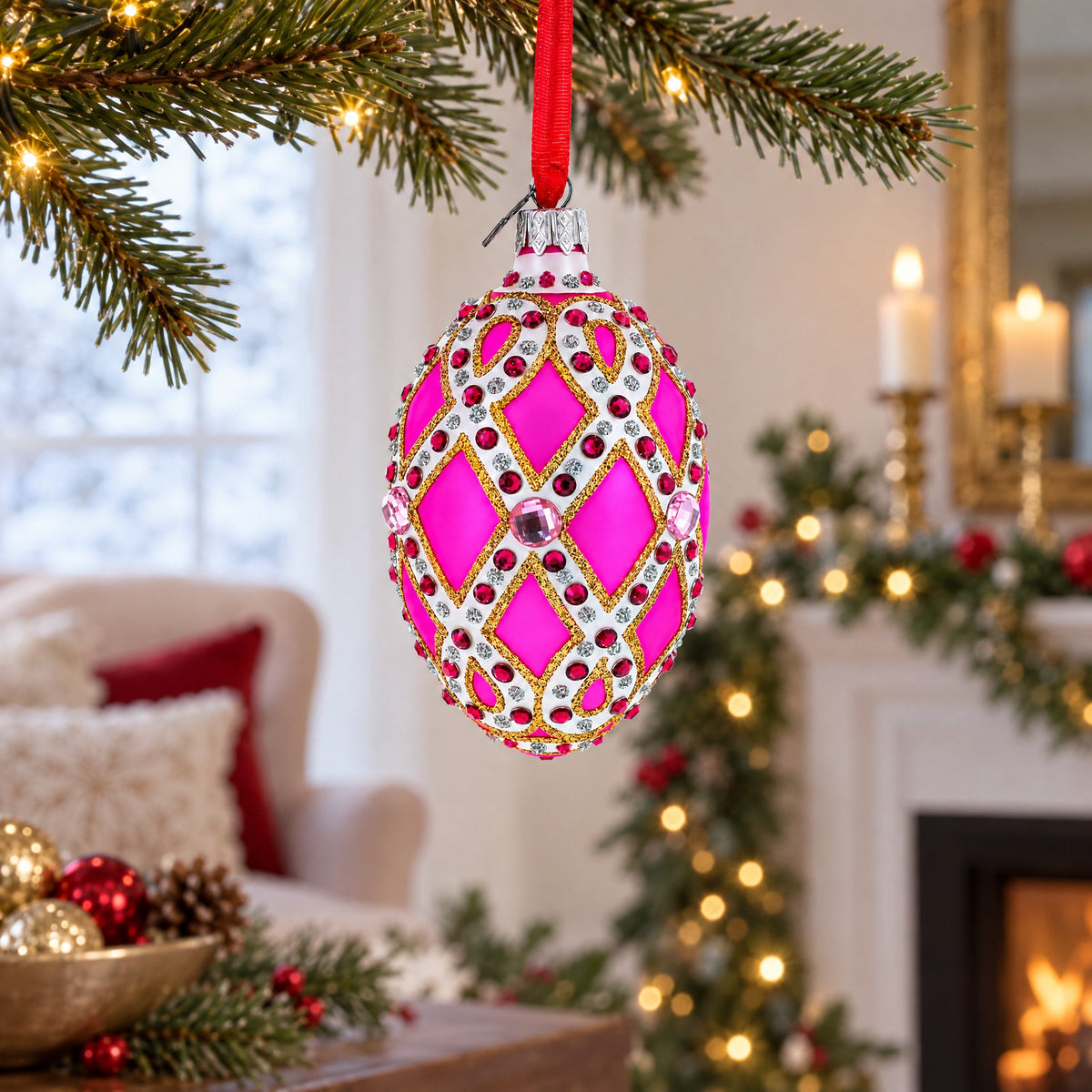 Bejeweled Trellis on Pink Glass Egg Christmas Ornament 4 Inches