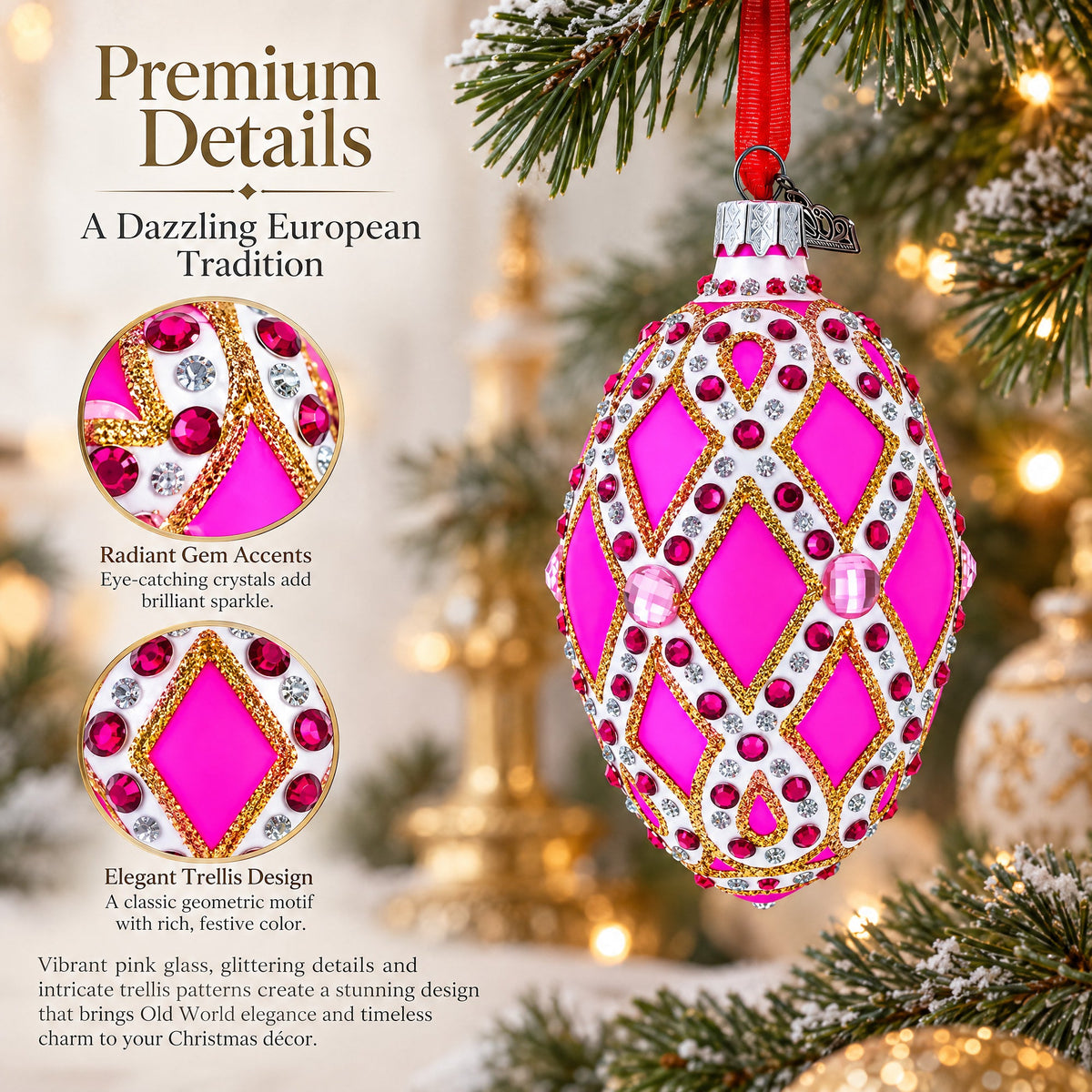Bejeweled Trellis on Pink Glass Egg Christmas Ornament 4 Inches