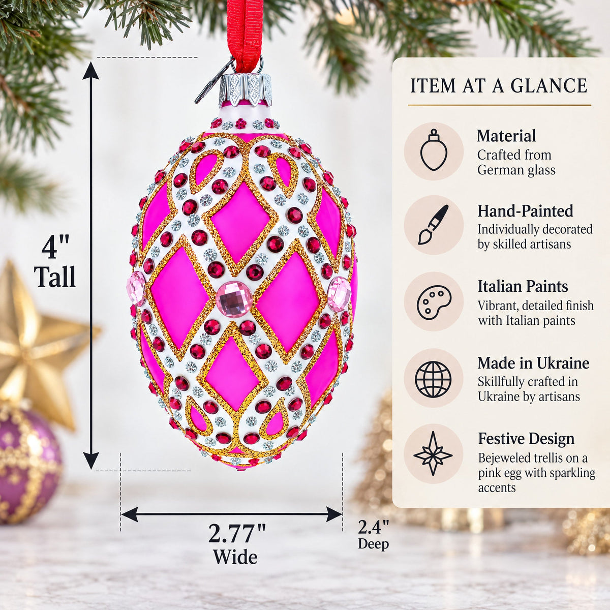 Bejeweled Trellis on Pink Glass Egg Christmas Ornament 4 Inches