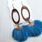 Long Copper Embossed Aqua Brushed Silk Fan Tassel Earrings - Che Cose Belle