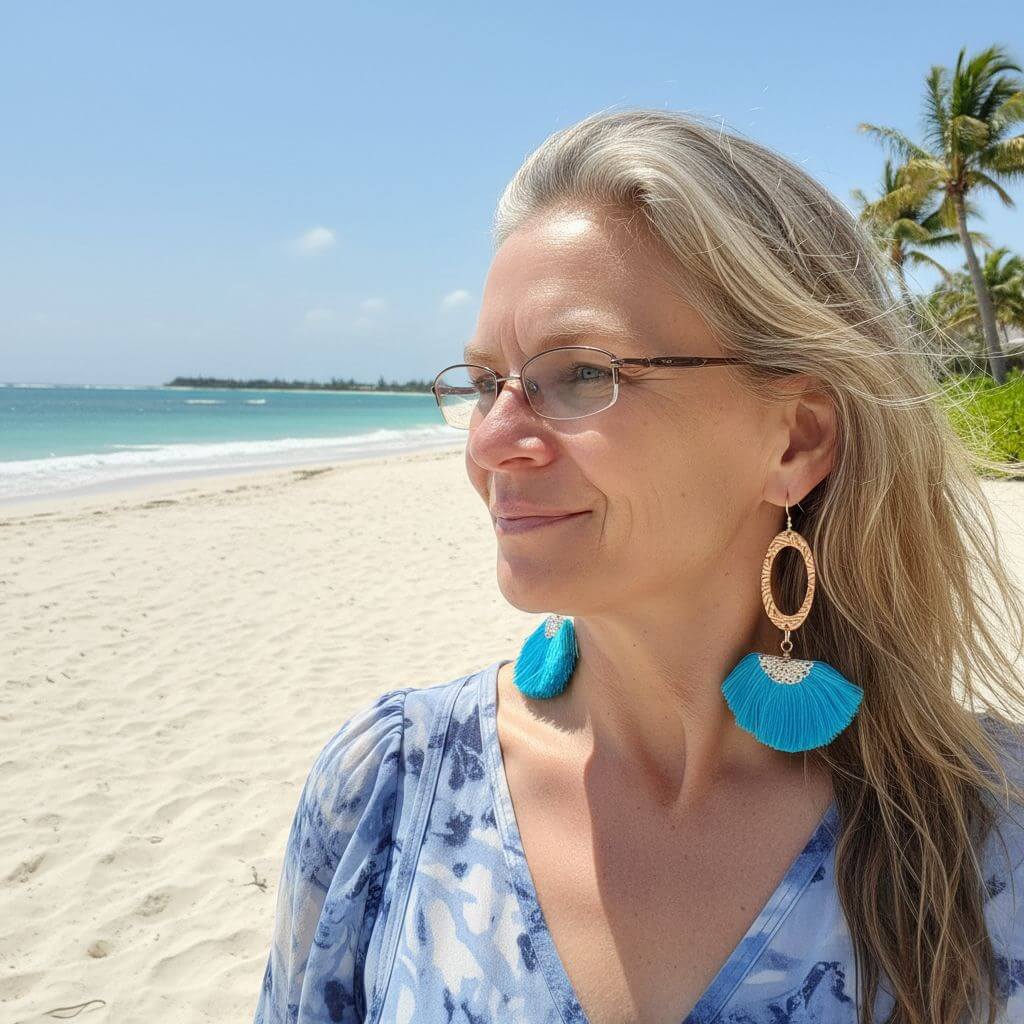 Long Copper Embossed Aqua Brushed Silk Fan Tassel Earrings - Che Cose Belle