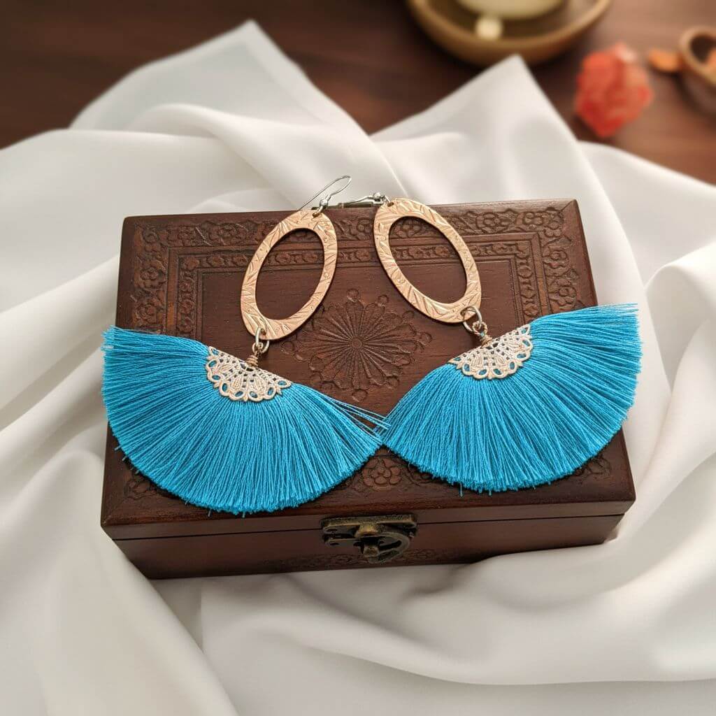 Long Copper Embossed Aqua Brushed Silk Fan Tassel Earrings - Che Cose Belle