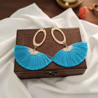 Long Copper Embossed Aqua Brushed Silk Fan Tassel Earrings - Che Cose Belle