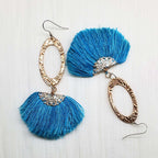 Long Copper Embossed Aqua Brushed Silk Fan Tassel Earrings - Che Cose Belle