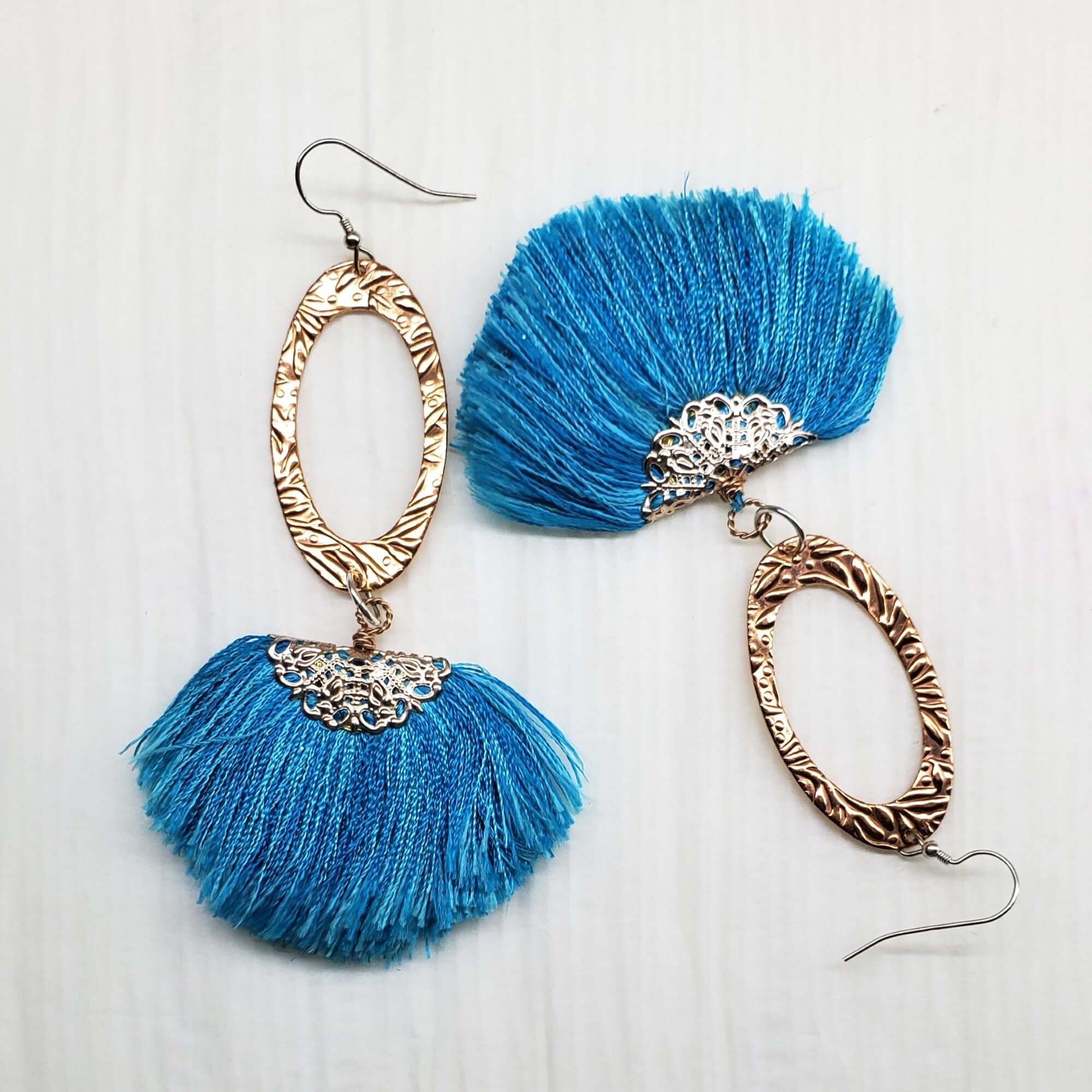 Long Copper Embossed Aqua Brushed Silk Fan Tassel Earrings - Che Cose Belle