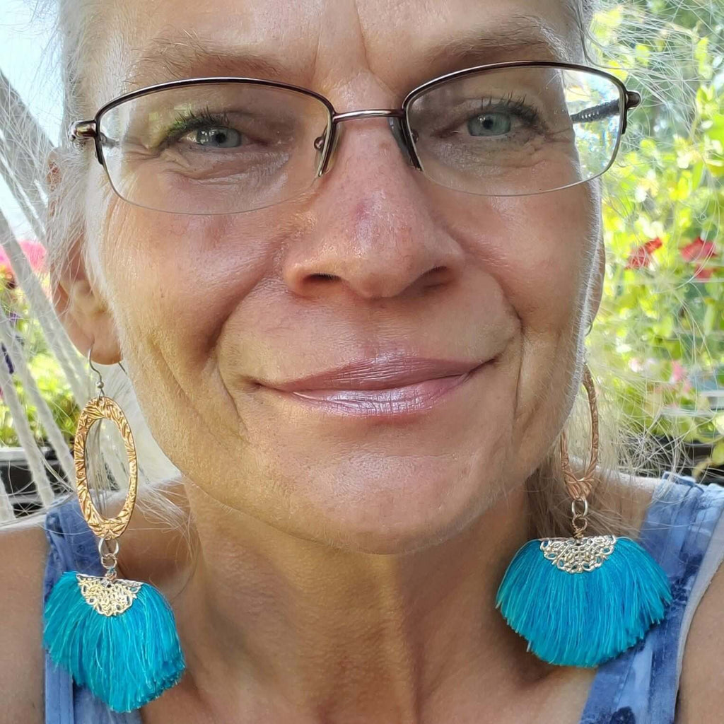 Long Copper Embossed Aqua Brushed Silk Fan Tassel Earrings - Che Cose Belle