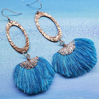 Long Copper Embossed Aqua Brushed Silk Fan Tassel Earrings - Che Cose Belle