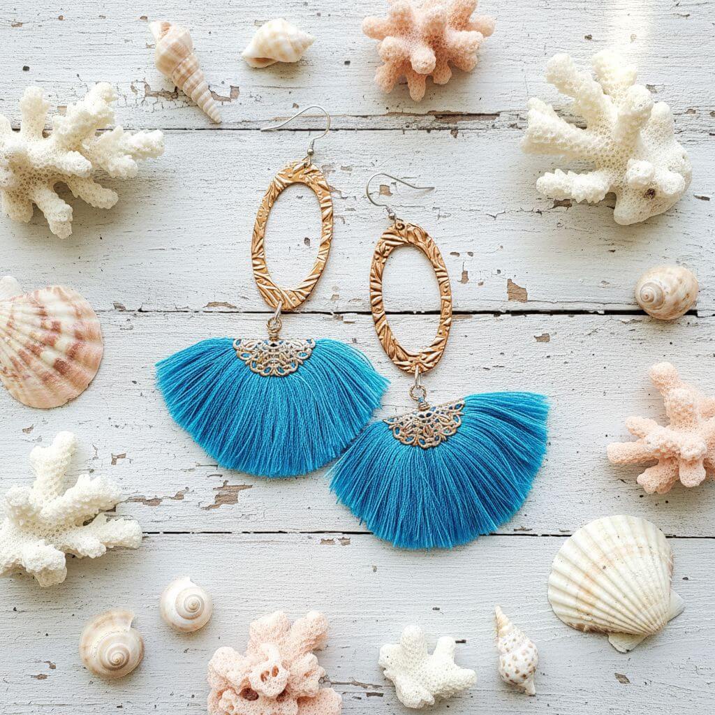 Long Copper Embossed Aqua Brushed Silk Fan Tassel Earrings - Che Cose Belle