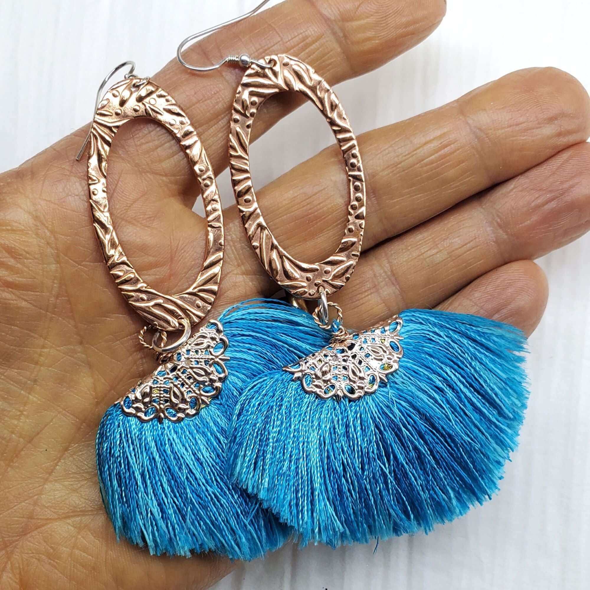 Long Copper Embossed Aqua Brushed Silk Fan Tassel Earrings - Che Cose Belle