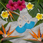 Long Copper Embossed Aqua Brushed Silk Fan Tassel Earrings - Che Cose Belle