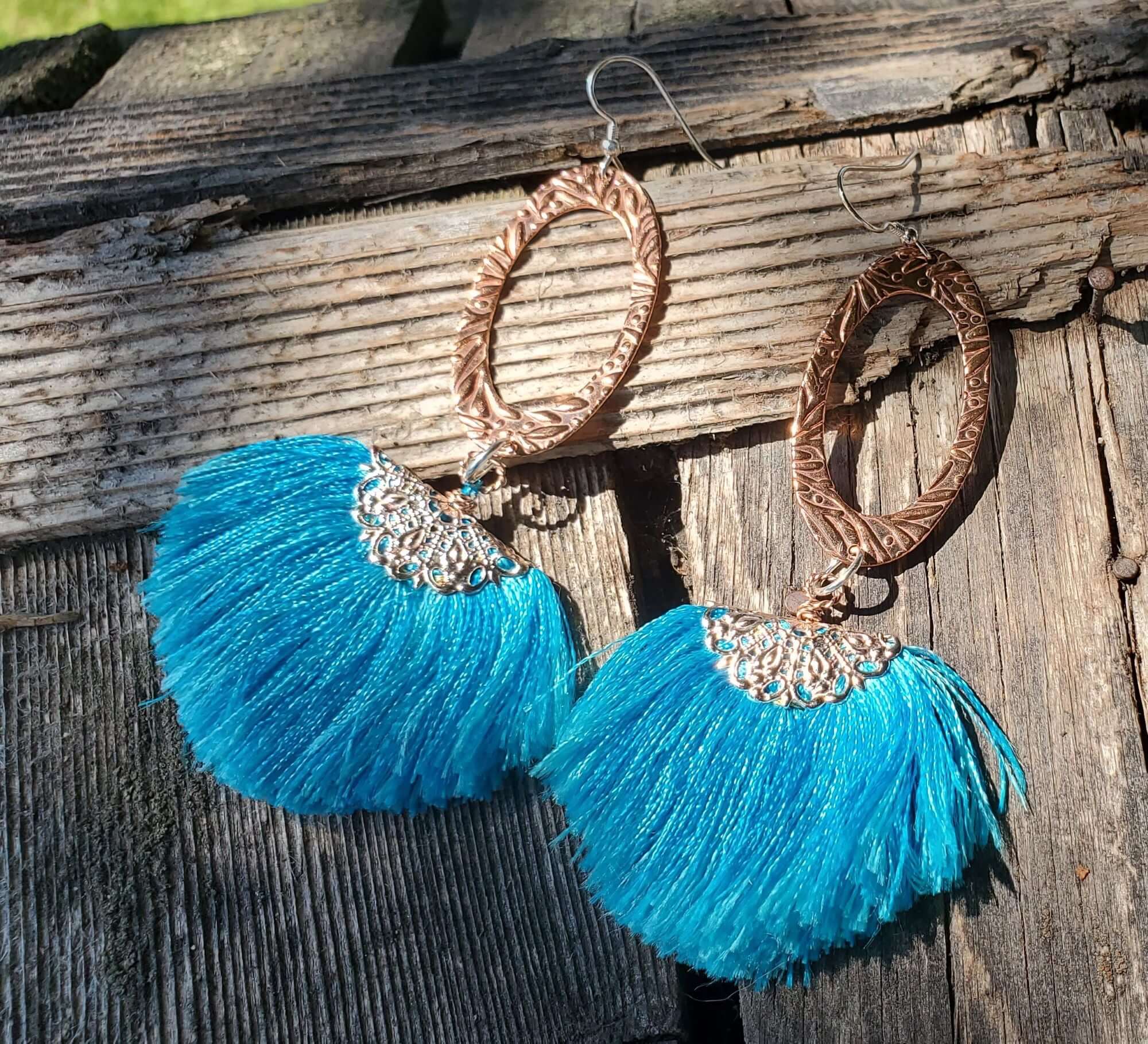 Long Copper Embossed Aqua Brushed Silk Fan Tassel Earrings - Che Cose Belle