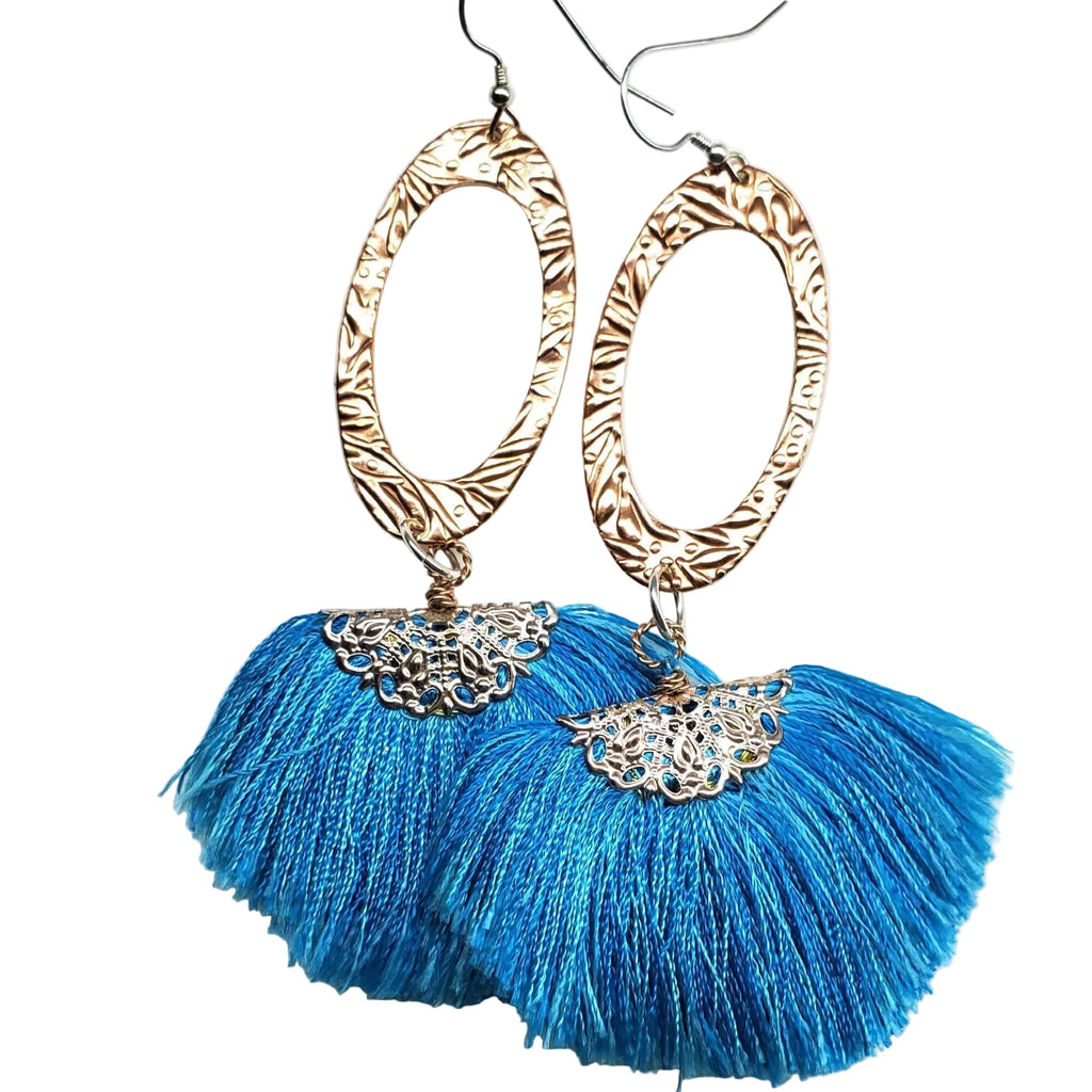 Long Copper Embossed Aqua Brushed Silk Fan Tassel Earrings - Che Cose Belle