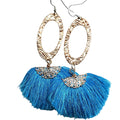 Long Copper Embossed Aqua Brushed Silk Fan Tassel Earrings - Che Cose Belle