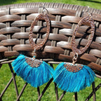 Long Copper Embossed Aqua Brushed Silk Fan Tassel Earrings - Che Cose Belle