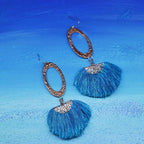 Long Copper Embossed Aqua Brushed Silk Fan Tassel Earrings - Che Cose Belle