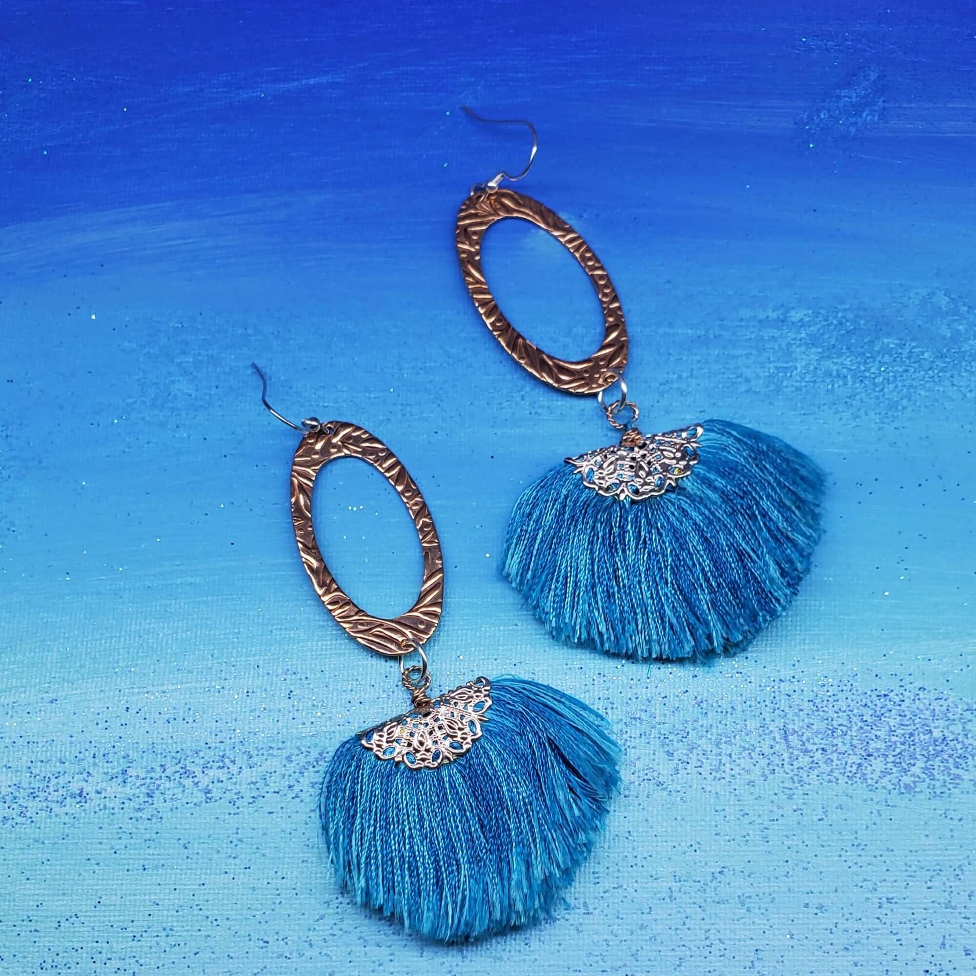 Long Copper Embossed Aqua Brushed Silk Fan Tassel Earrings - Che Cose Belle