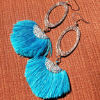 Long Copper Embossed Aqua Brushed Silk Fan Tassel Earrings - Che Cose Belle