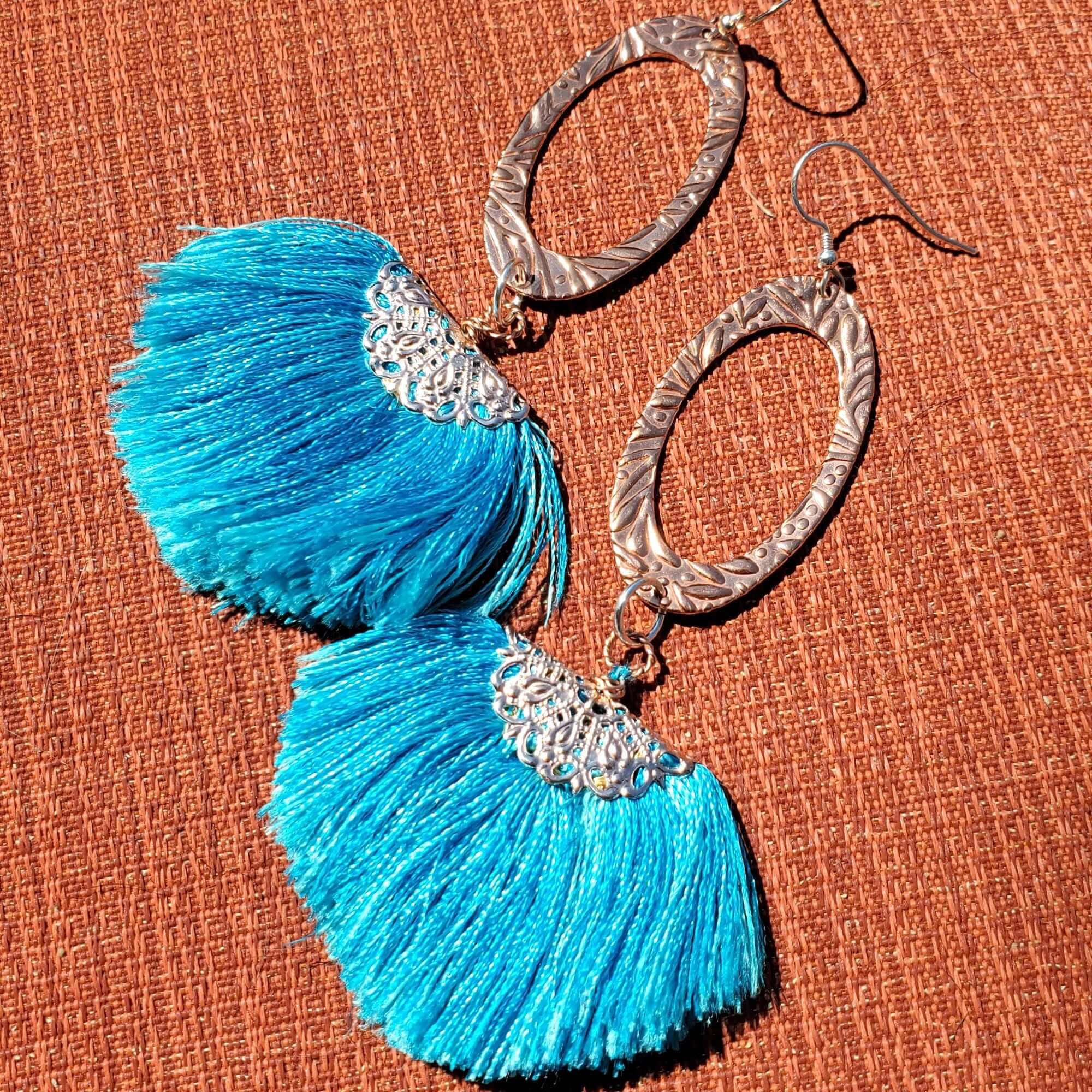Long Copper Embossed Aqua Brushed Silk Fan Tassel Earrings - Che Cose Belle