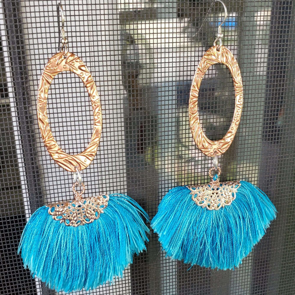 Long Copper Embossed Aqua Brushed Silk Fan Tassel Earrings - Che Cose Belle