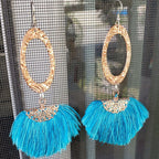 Long Copper Embossed Aqua Brushed Silk Fan Tassel Earrings - Che Cose Belle