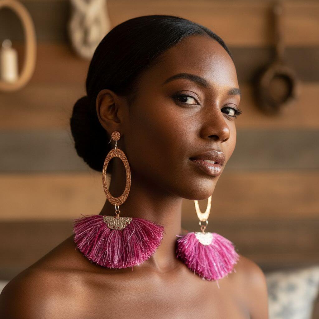 Long Copper Embossed Pink and Purple Silk Tassel Earrings - Che Cose Belle