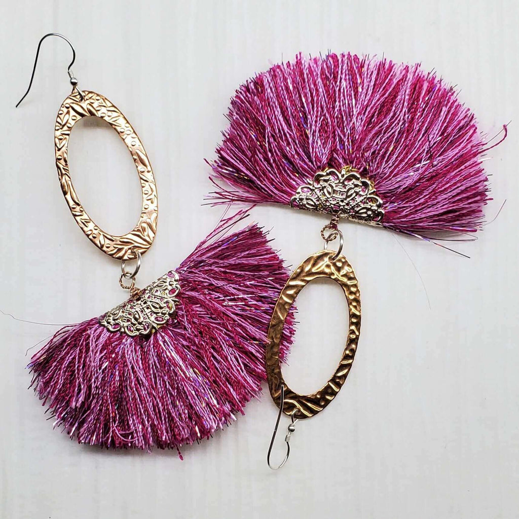 Long Copper Embossed Pink and Purple Silk Tassel Earrings - Che Cose Belle