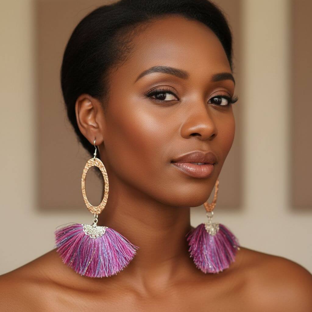 Long Copper Embossed Pink and Purple Silk Tassel Earrings - Che Cose Belle