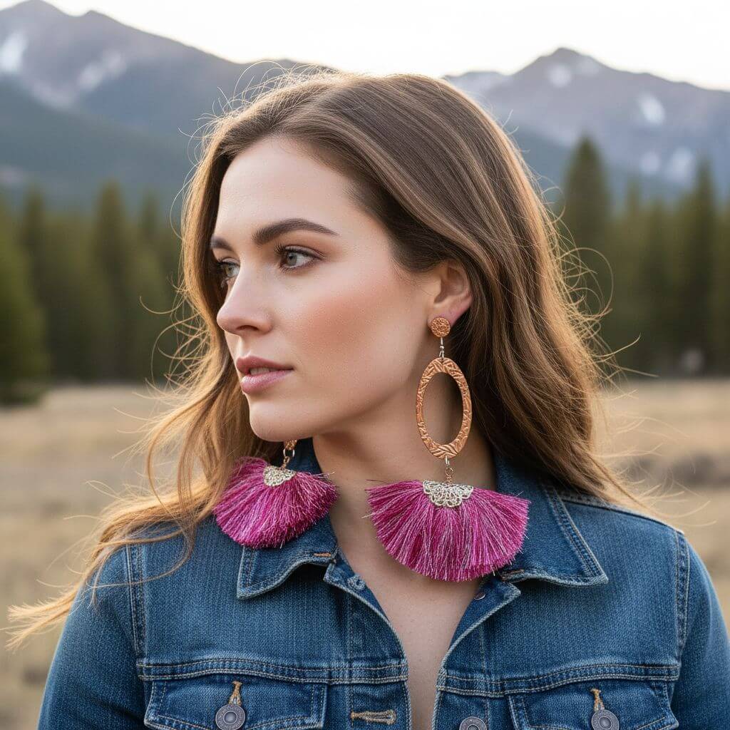 Long Copper Embossed Pink and Purple Silk Tassel Earrings - Che Cose Belle